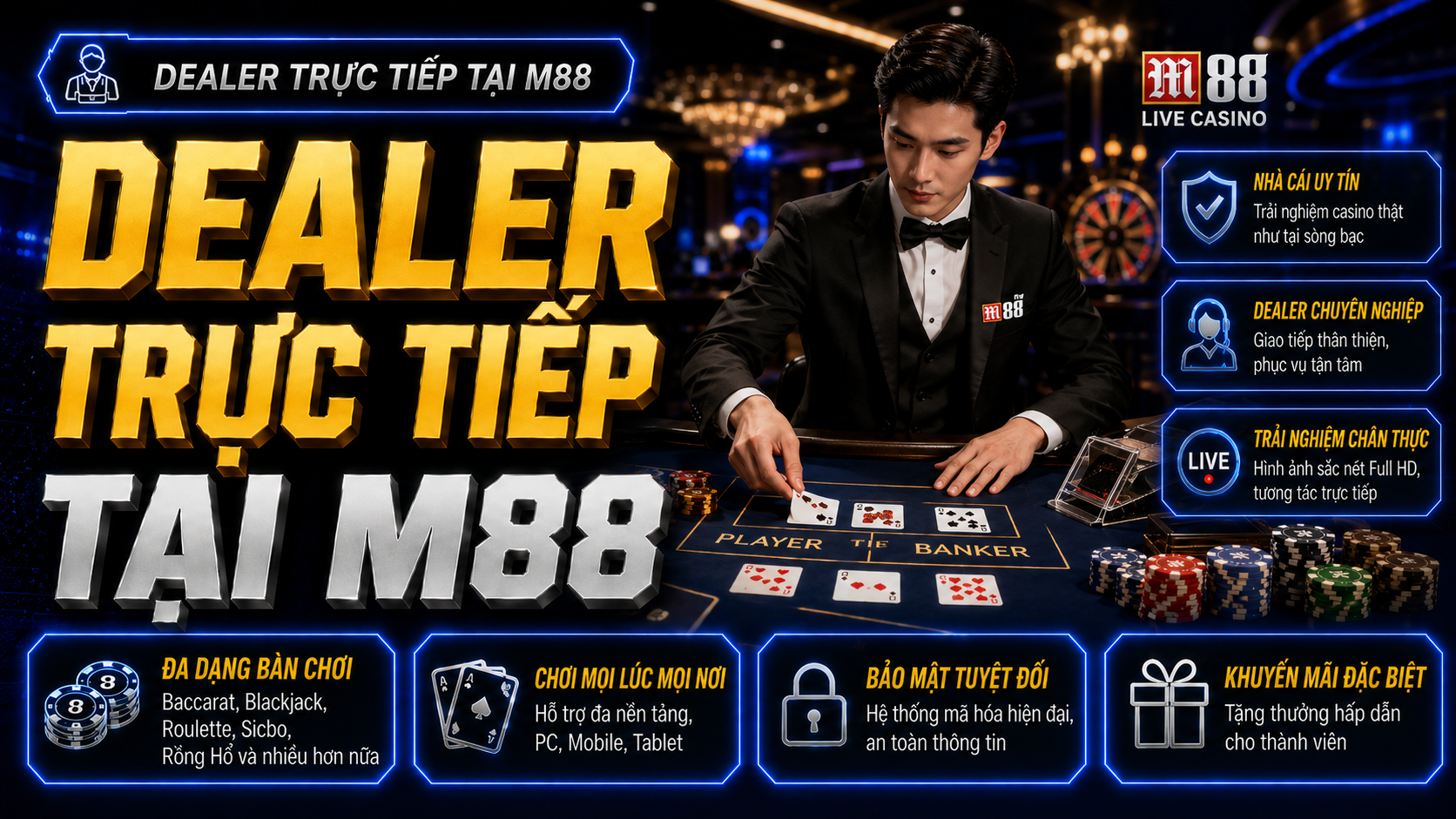 Live casino M88 có dealer trực tiếp tạo cảm giác chân thật Live casino M88 có dealer trực tiếp tạo cảm giác chân thật